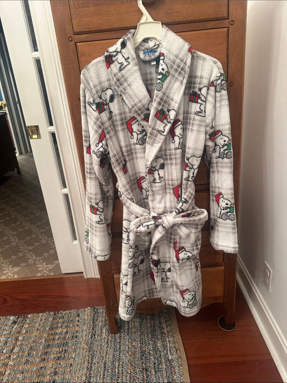 Peanuts Grey Plush Robe with Red & Green Snoopy Holiday Print
